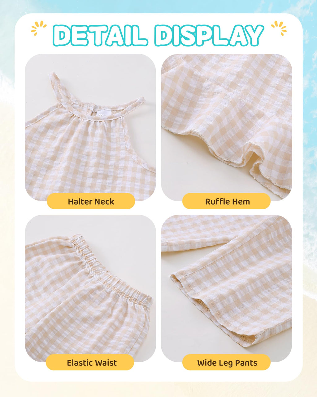 Kucnuzki Baby Girl Clothes Toddler Girl Summer Outfits Sleeveless Ruffle Halter Tops Wide Leg Pants Kids Clothing Set