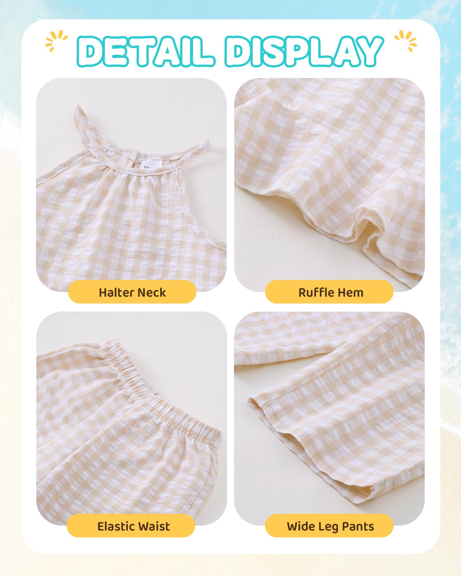 Kucnuzki Baby Girl Clothes Toddler Girl Summer Outfits Sleeveless Ruffle Halter Tops Wide Leg Pants Kids Clothing Set