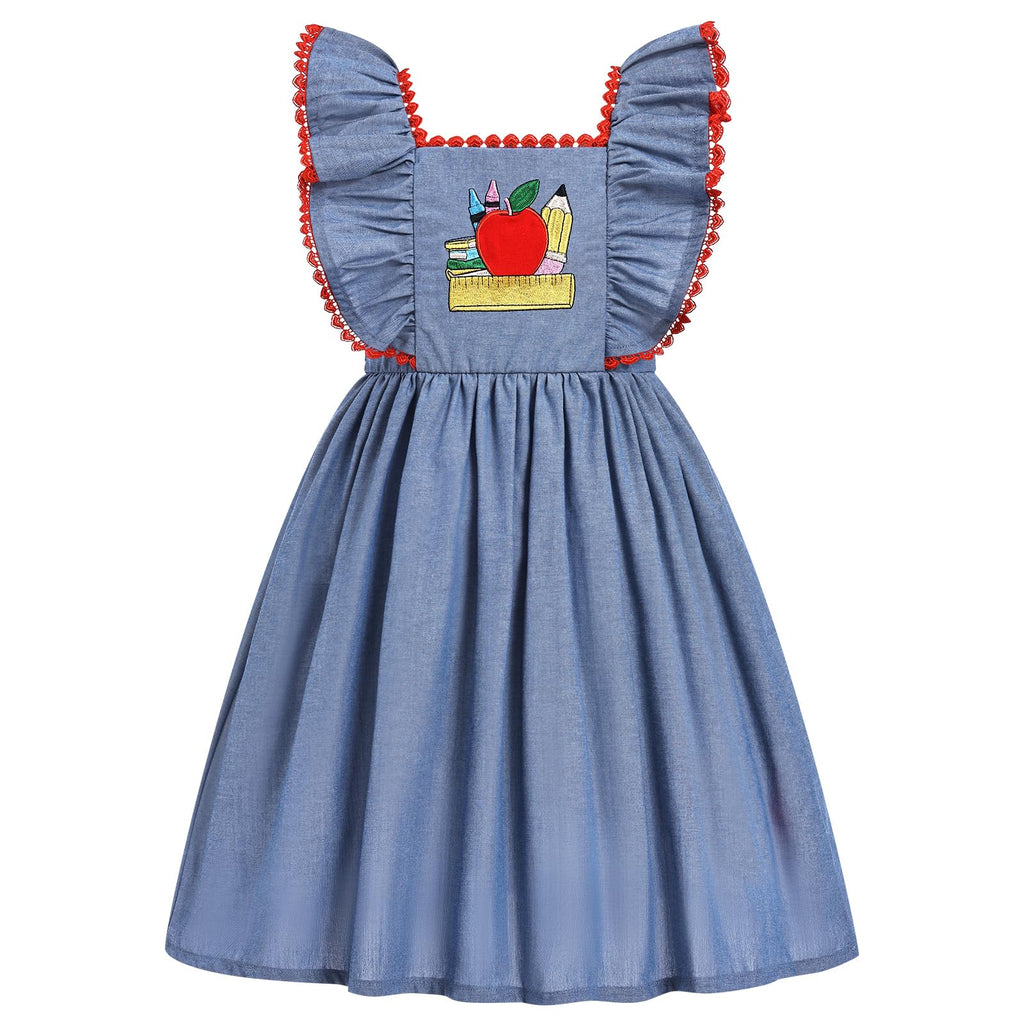 IMEKIS Toddler Kids Girls Back to School Dress Embroidered Apple Pencil Ruffle Sleeve Clothes 3-8T