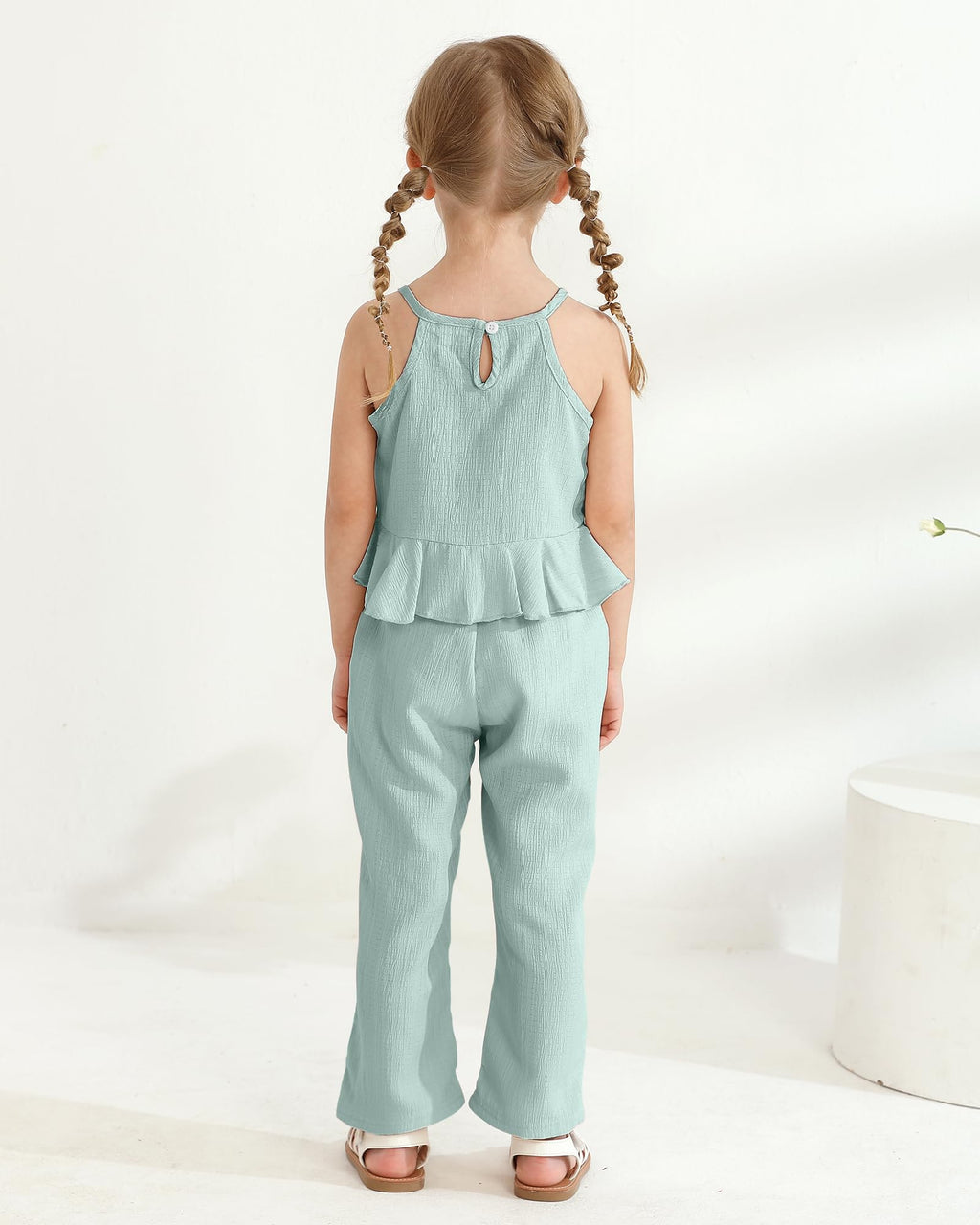 Kucnuzki Baby Girl Clothes Toddler Girl Summer Outfits Sleeveless Ruffle Halter Tops Wide Leg Pants Kids Clothing Set