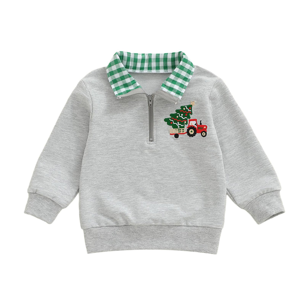 Toddler Boy Girl Christmas Outfit Quarter Zip Sweatshirt with Plaid Collar Shirt Pullover Top