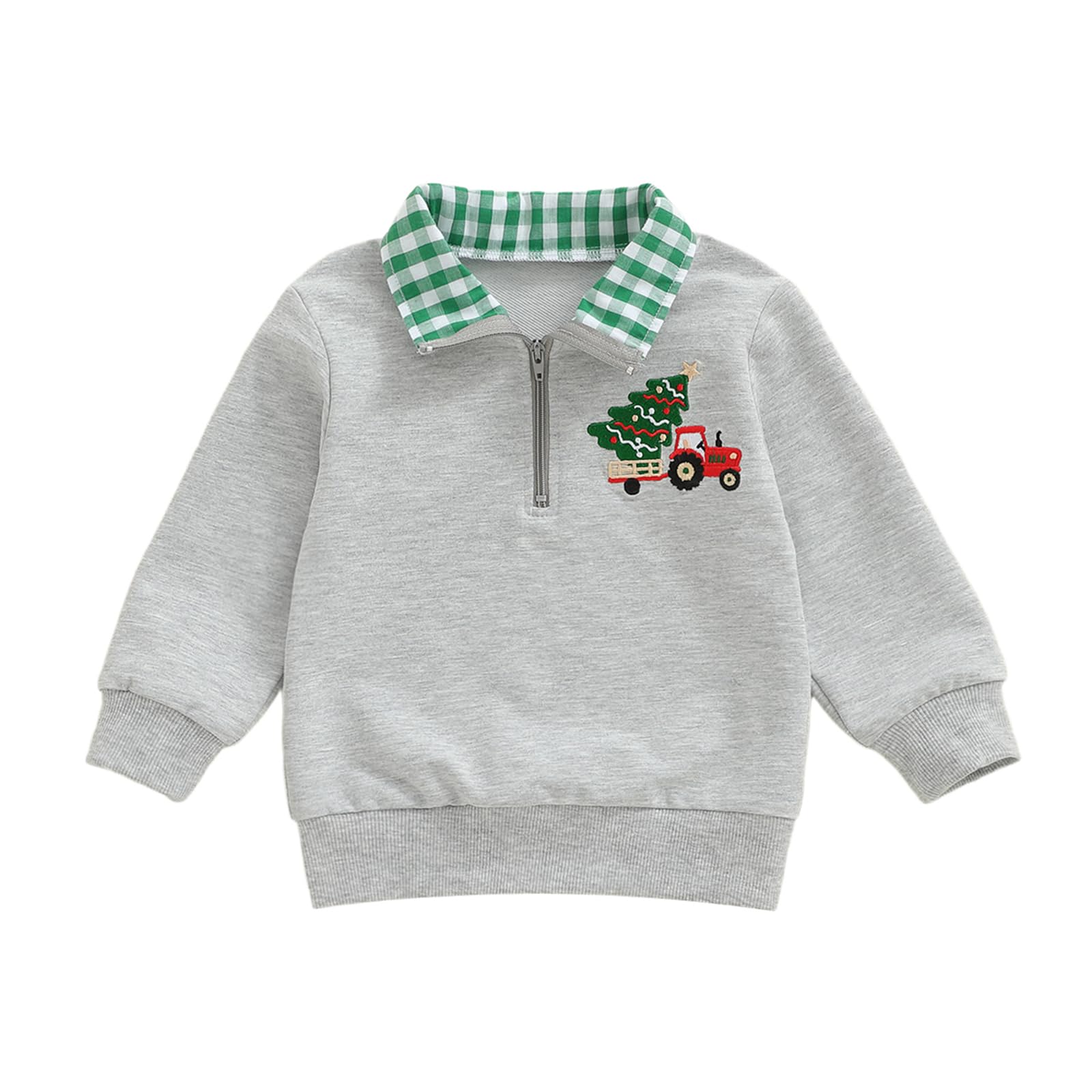 Toddler Boy Girl Christmas Outfit Quarter Zip Sweatshirt with Plaid Collar Shirt Pullover Top