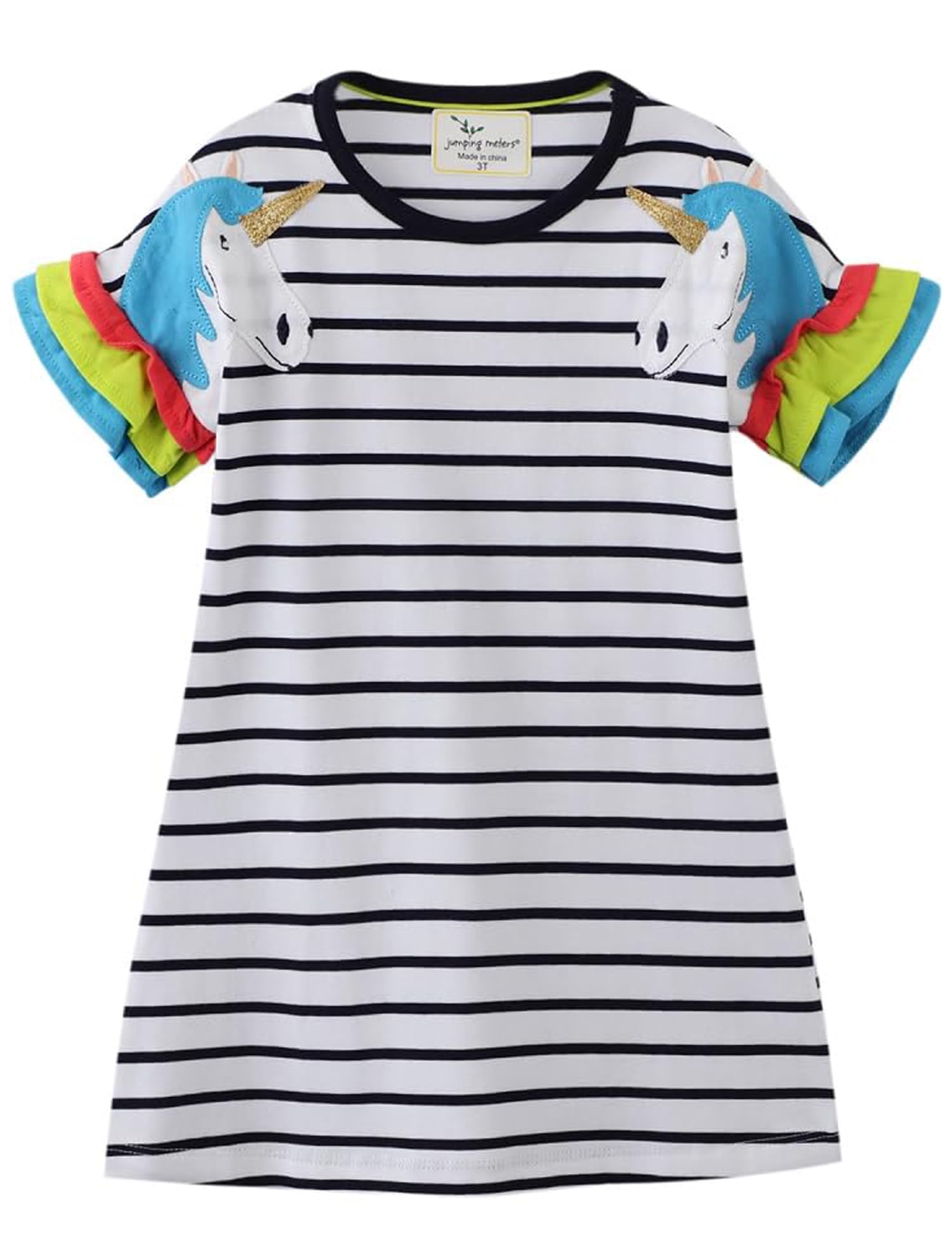 FreeLu Toddler Girls Striped Summer Dress Cartoon Appliques Dresses Girls Cotton Casual Clothing 2-7Y