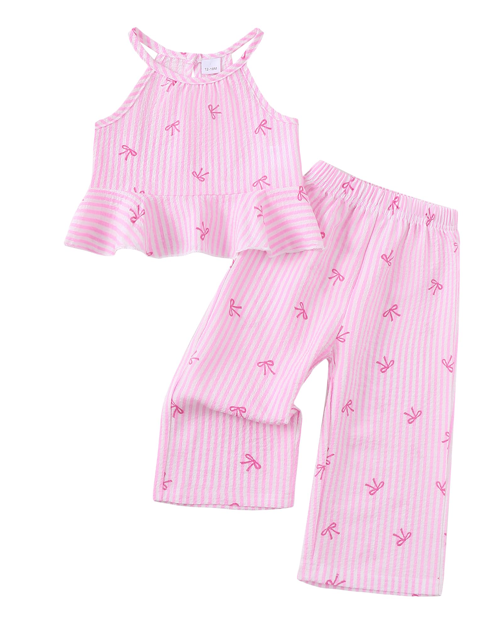 Kucnuzki Baby Girl Clothes Toddler Girl Summer Outfits Sleeveless Ruffle Halter Tops Wide Leg Pants Kids Clothing Set