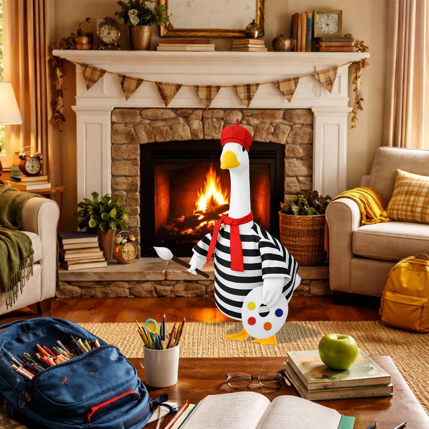 Back to School Porch Goose Outfit Artist Goose Costume for Outdoor Decor | Fits 23'' Plastic/Cement Statues, with Beret Hat Red Scarf Black White Striped Goose Clothes for Lawn Patio Yard Decor