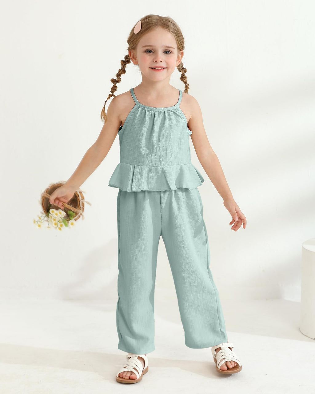 Kucnuzki Baby Girl Clothes Toddler Girl Summer Outfits Sleeveless Ruffle Halter Tops Wide Leg Pants Kids Clothing Set