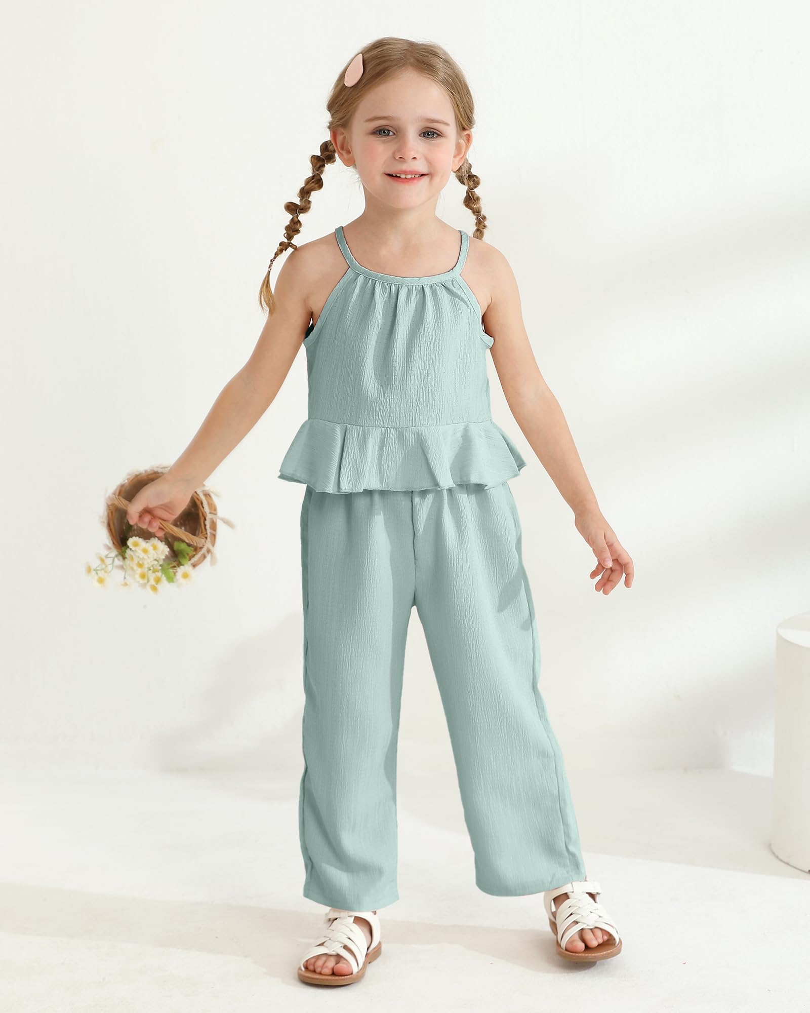 Kucnuzki Baby Girl Clothes Toddler Girl Summer Outfits Sleeveless Ruffle Halter Tops Wide Leg Pants Kids Clothing Set