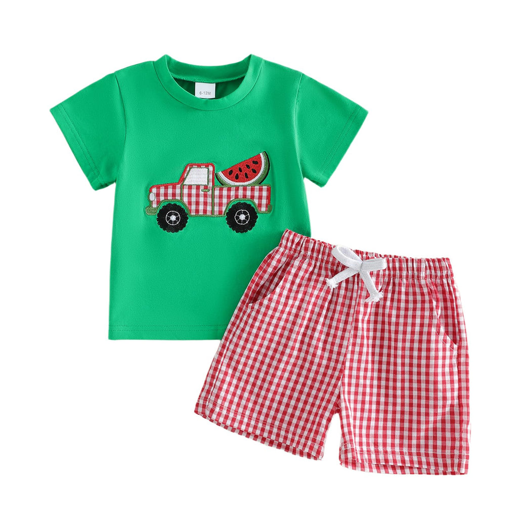 Bagilaanoe Toddler Baby Boy Short Sleeve T-Shirt+ Plaid Shorts Set Castle Embroidery Outfit Beach Clothes 2PCS Set