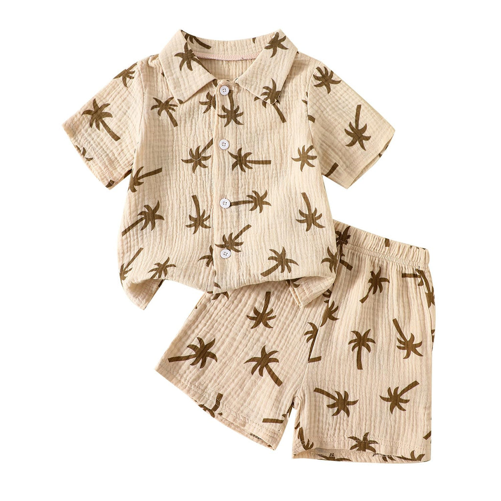 Toddler Boys Girls 2Pcs Linen Clothes Set Button Down Short Sleeve Polo Shirt+Elastic Gauze Shorts Summer Outfit