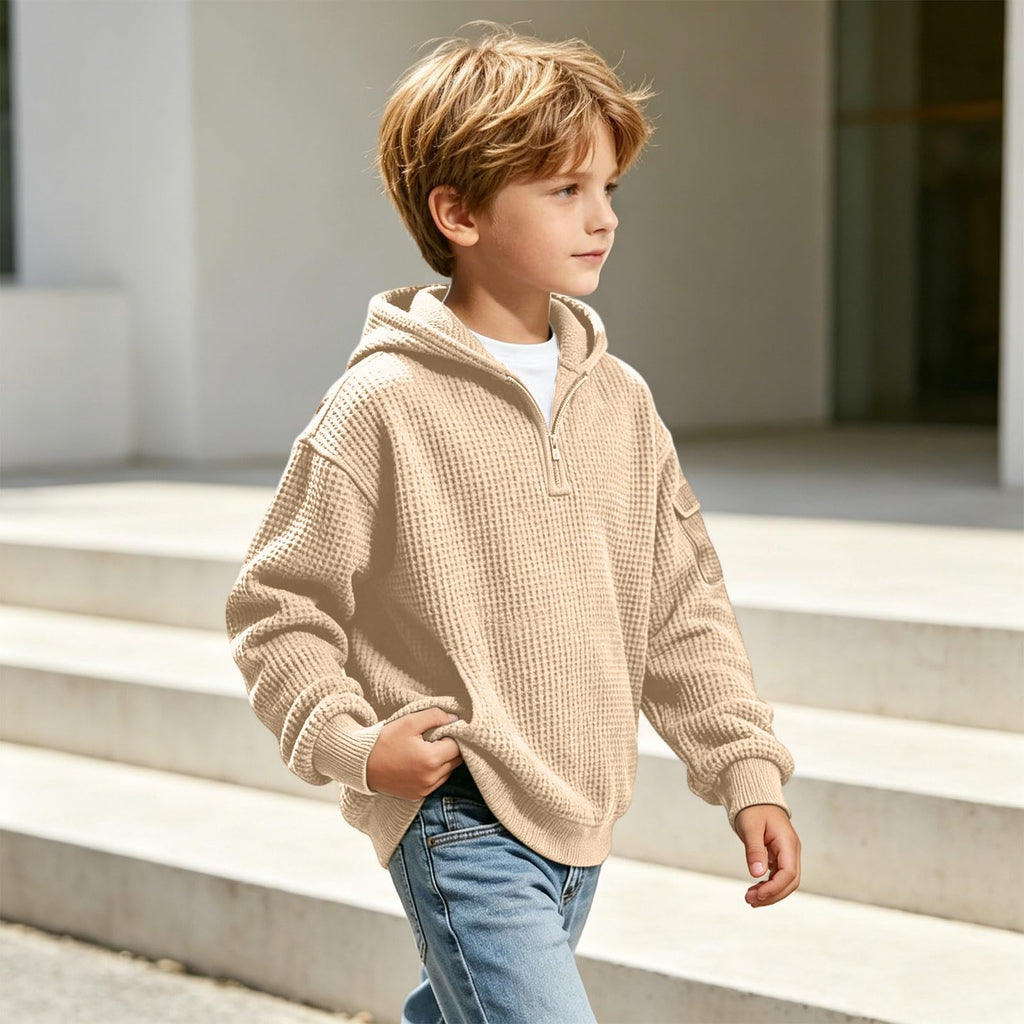 Hoodies for Boys Quarter Zip Waffle Knit Pullover Hooded Sweatshirt Tops | 3-14 Years,Kids Zip Long Sleeve Hoodie,Teen Boy Fashion Fall Winter Casual Sweatshirts,Back to School Clothes