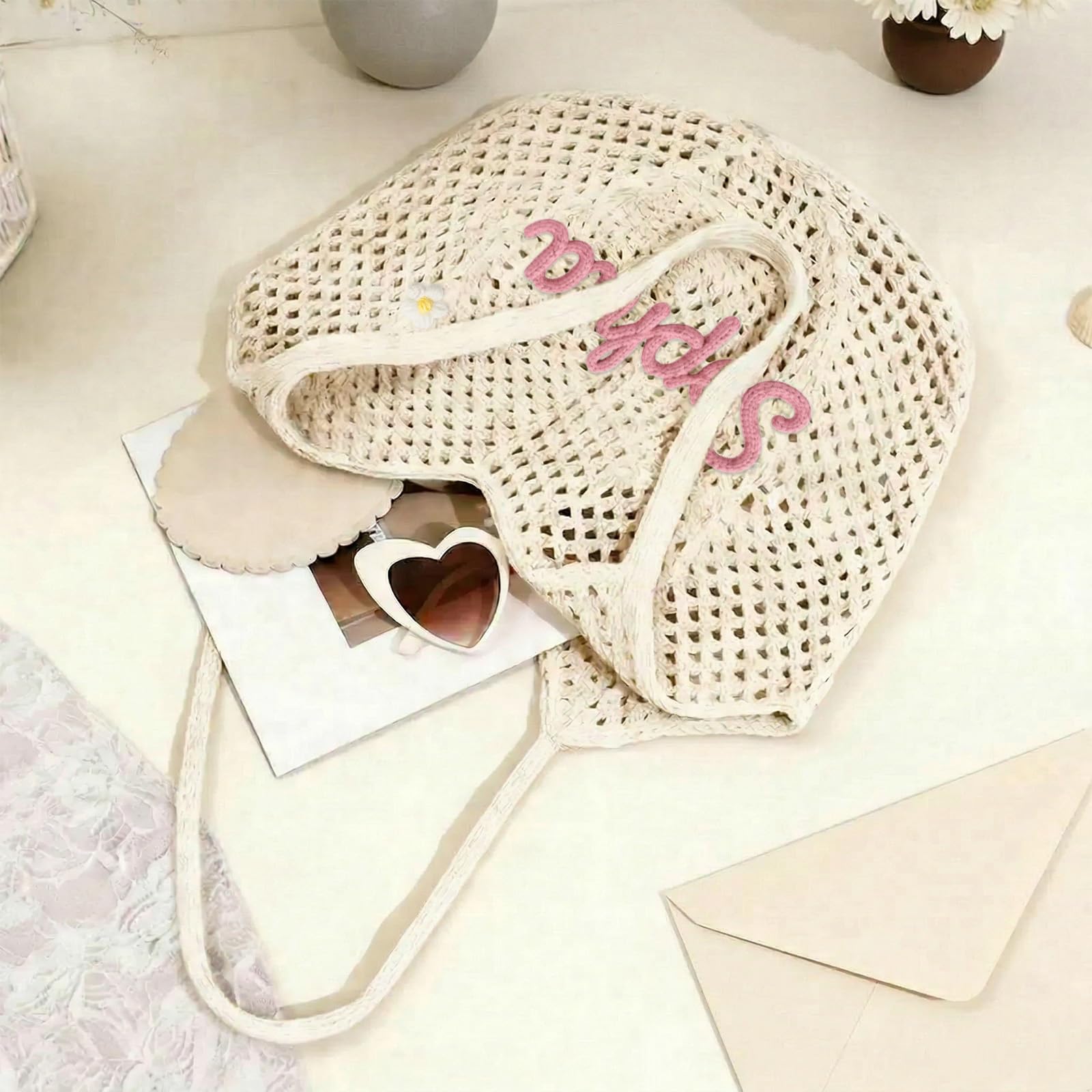 Terwex Personalized Crochet Beach Bag for Women, Boho Summer Bag with Name & Pattern, Foldable Lightweight Travel Bag Gifts