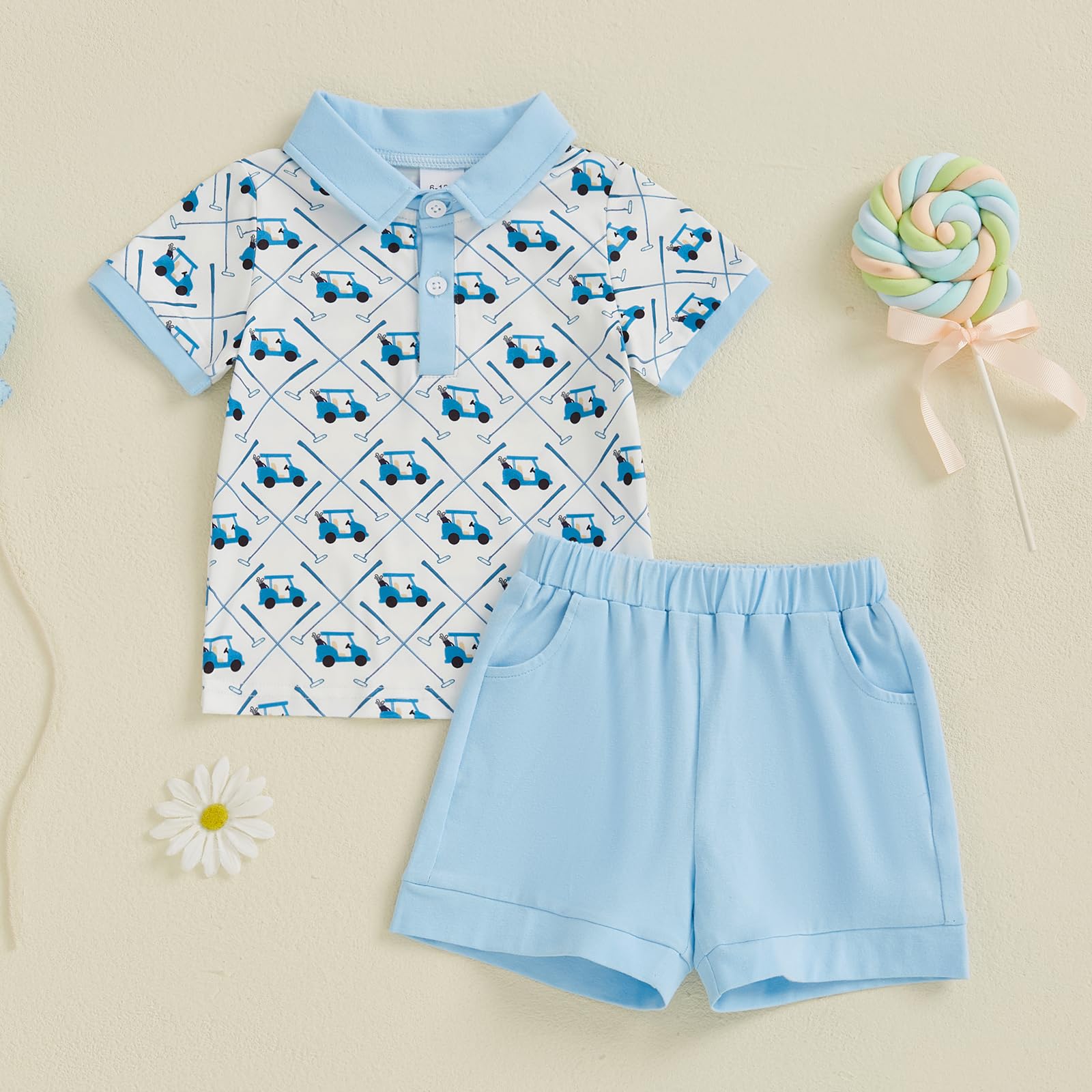 Chloefairy Toddler Baby Boy Golf Outfit Short Sleeve Golf Cart Polo T Shirts Top Shorts Set 2Pcs Golf Theme Summer Clothes