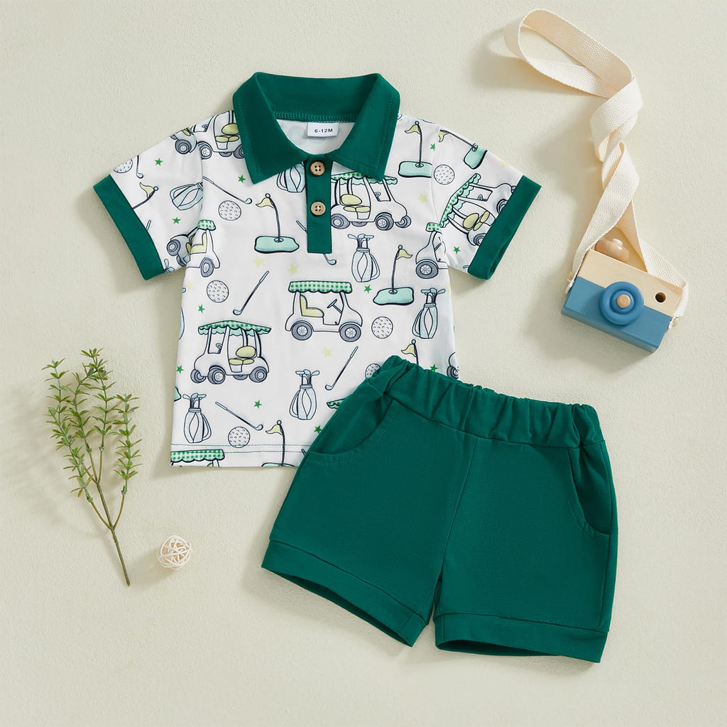 Chloefairy Toddler Baby Boy Golf Outfit Short Sleeve Golf Cart Polo T Shirts Top Shorts Set 2Pcs Golf Theme Summer Clothes