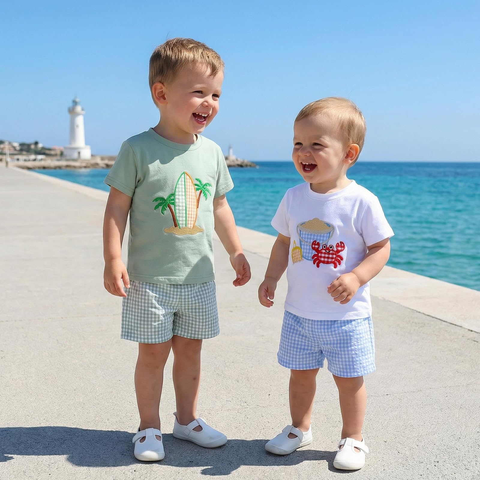 Bagilaanoe Toddler Baby Boy Short Sleeve T-Shirt+ Plaid Shorts Set Castle Embroidery Outfit Beach Clothes 2PCS Set