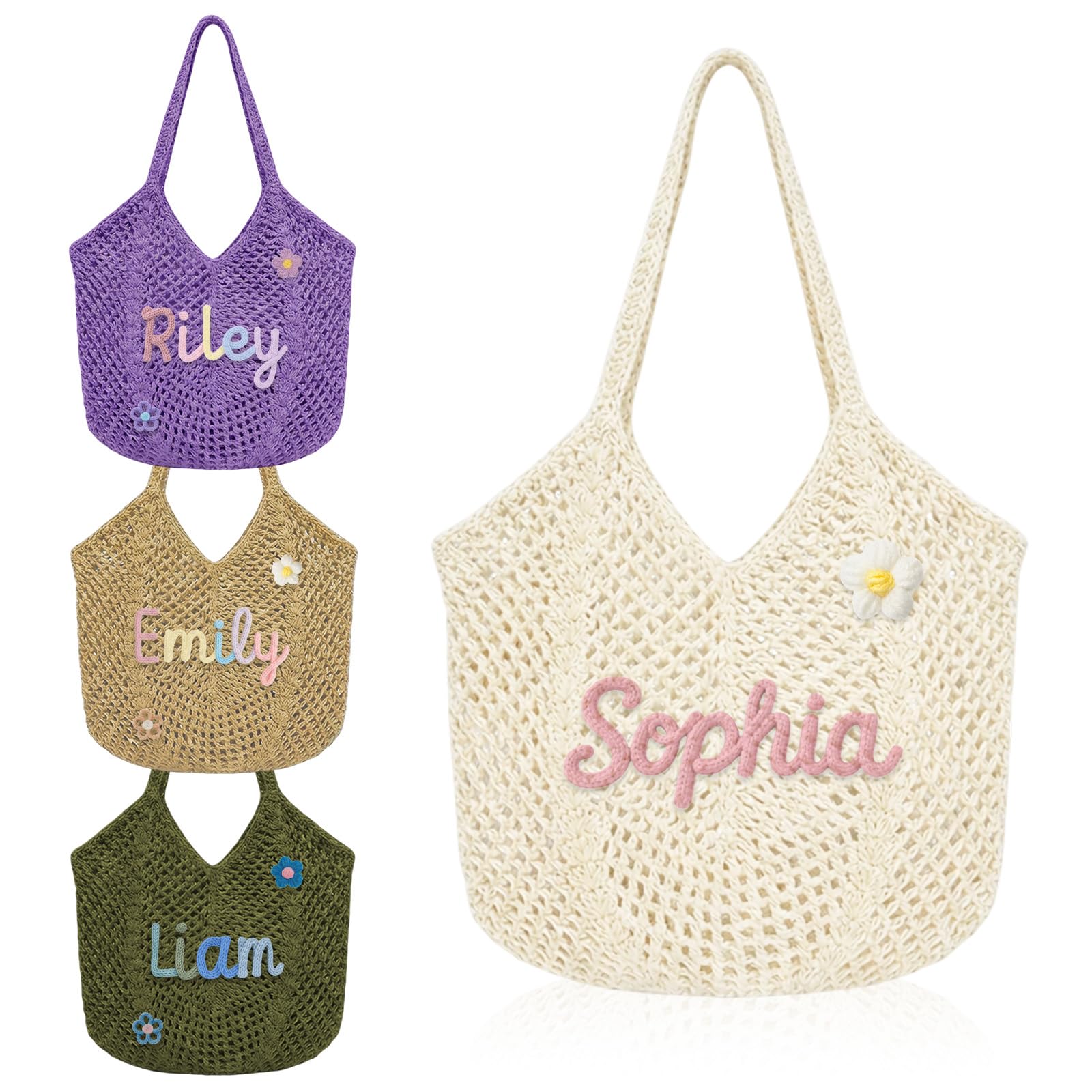 Terwex Personalized Crochet Beach Bag for Women, Boho Summer Bag with Name & Pattern, Foldable Lightweight Travel Bag Gifts