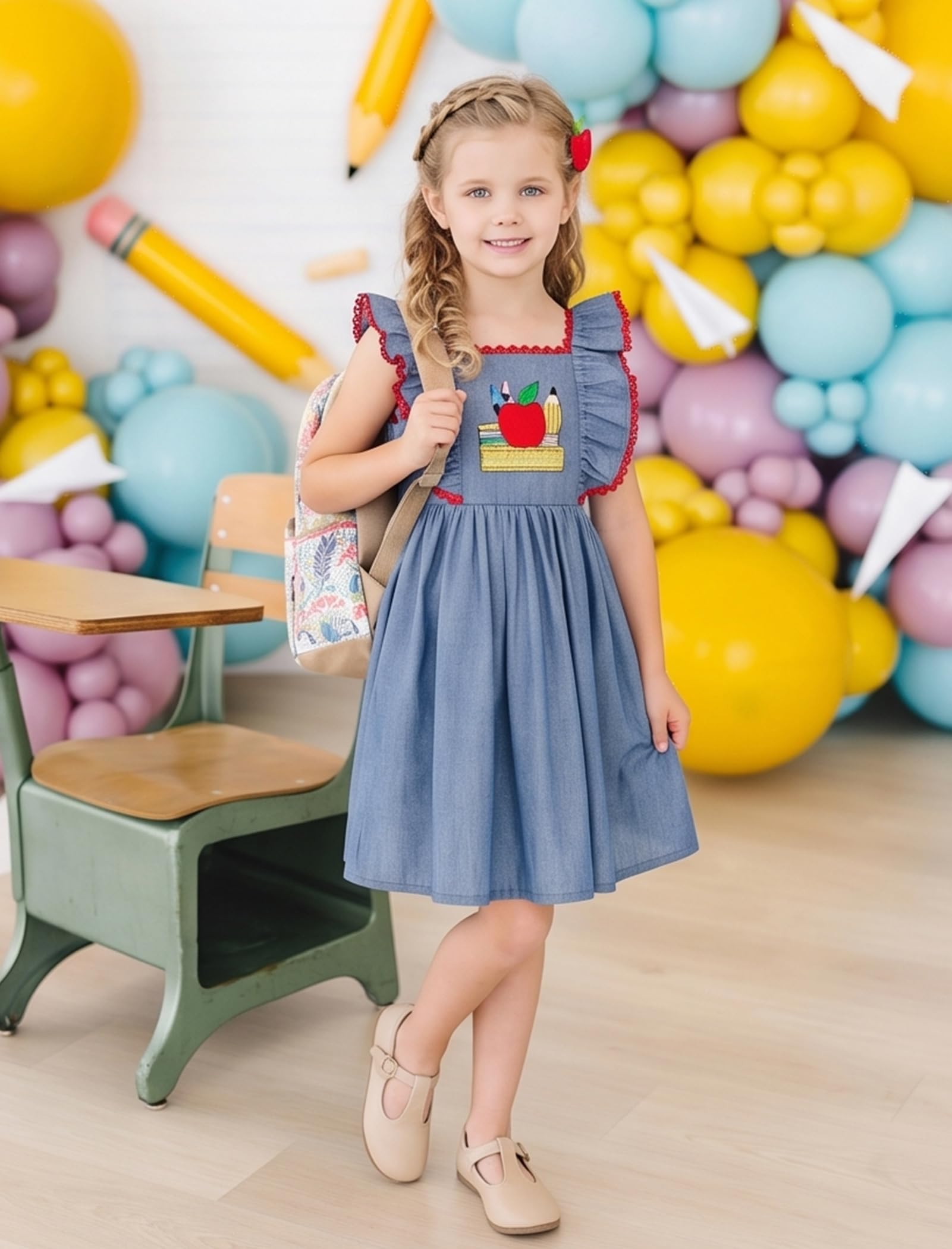 IMEKIS Toddler Kids Girls Back to School Dress Embroidered Apple Pencil Ruffle Sleeve Clothes 3-8T