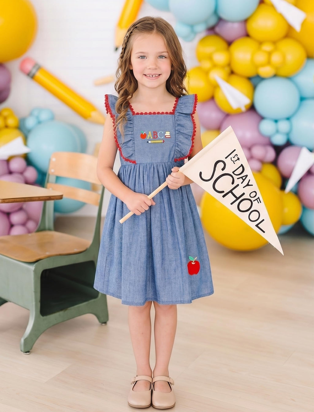 IMEKIS Toddler Kids Girls Back to School Dress Embroidered Apple Pencil Ruffle Sleeve Clothes 3-8T