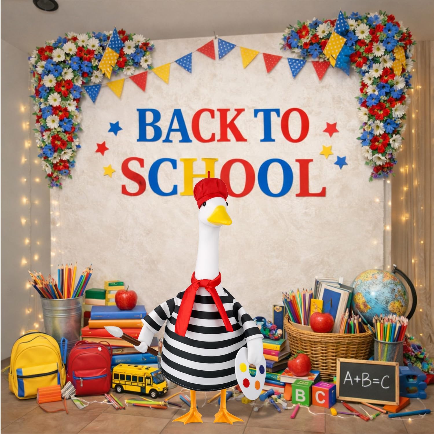 Back to School Porch Goose Outfit Artist Goose Costume for Outdoor Decor | Fits 23'' Plastic/Cement Statues, with Beret Hat Red Scarf Black White Striped Goose Clothes for Lawn Patio Yard Decor