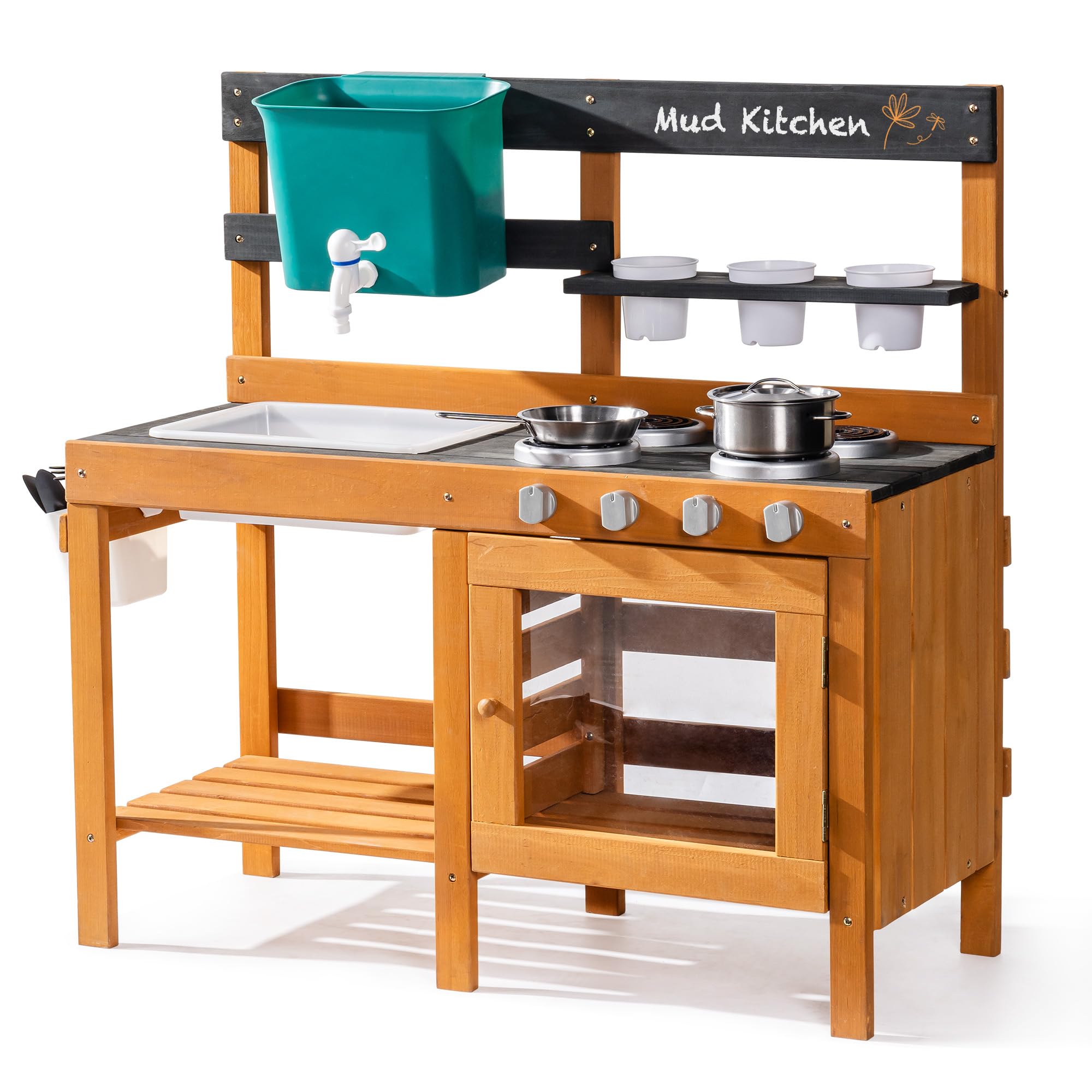 ROBUD Mud Kitchen for Kids Outdoor, BBQ Grill Solid Wood Outdoor Play Kitchen, Green Kids Mud Kitchen with Working Water Tap, Blackboard, Garden Sink, Monteeori Toys for Children Ages 3+, WH003-2