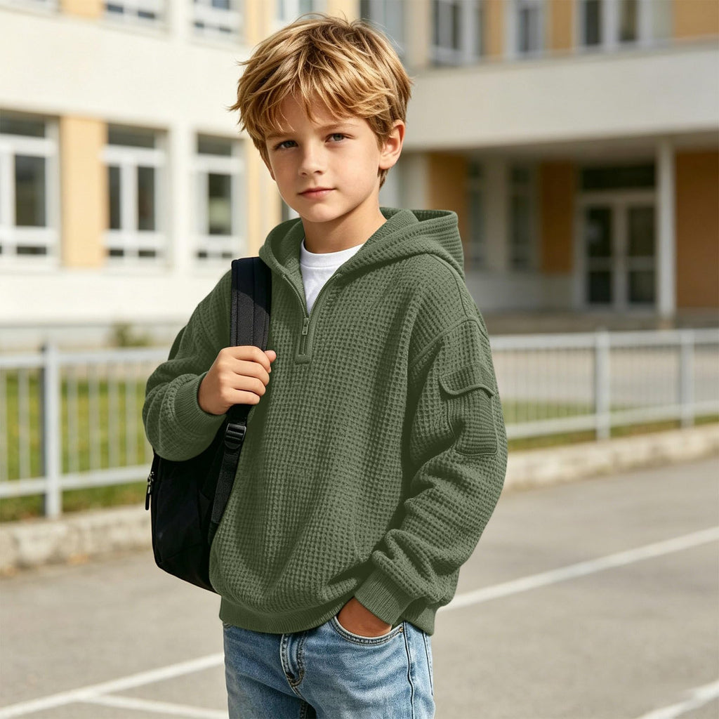 Hoodies for Boys Quarter Zip Waffle Knit Pullover Hooded Sweatshirt Tops | 3-14 Years,Kids Zip Long Sleeve Hoodie,Teen Boy Fashion Fall Winter Casual Sweatshirts,Back to School Clothes