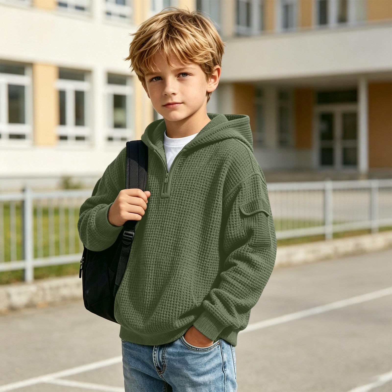 Hoodies for Boys Quarter Zip Waffle Knit Pullover Hooded Sweatshirt Tops | 3-14 Years,Kids Zip Long Sleeve Hoodie,Teen Boy Fashion Fall Winter Casual Sweatshirts,Back to School Clothes