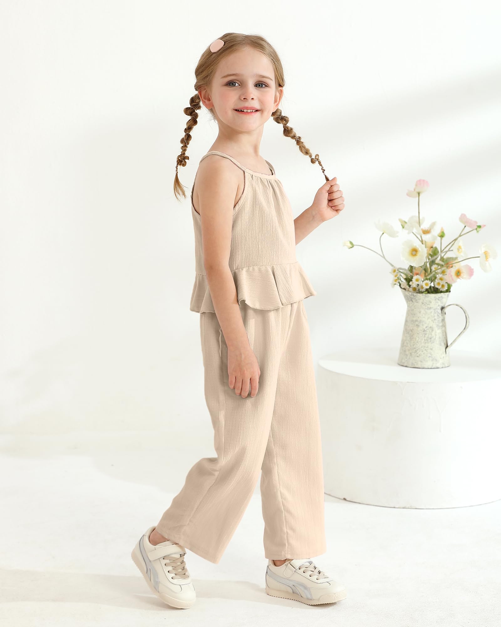 Kucnuzki Baby Girl Clothes Toddler Girl Summer Outfits Sleeveless Ruffle Halter Tops Wide Leg Pants Kids Clothing Set
