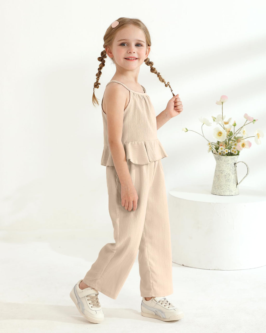 Kucnuzki Baby Girl Clothes Toddler Girl Summer Outfits Sleeveless Ruffle Halter Tops Wide Leg Pants Kids Clothing Set