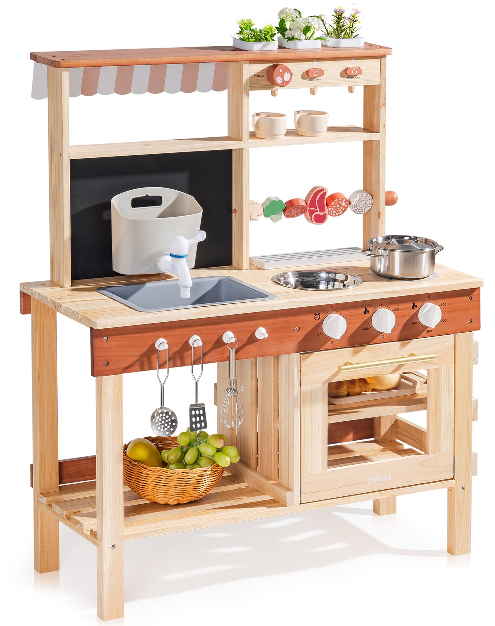 ROBUD Mud Kitchen for Kids Outdoor, BBQ Grill Solid Wood Outdoor Play Kitchen, Green Kids Mud Kitchen with Working Water Tap, Blackboard, Garden Sink, Monteeori Toys for Children Ages 3+, WH003-2