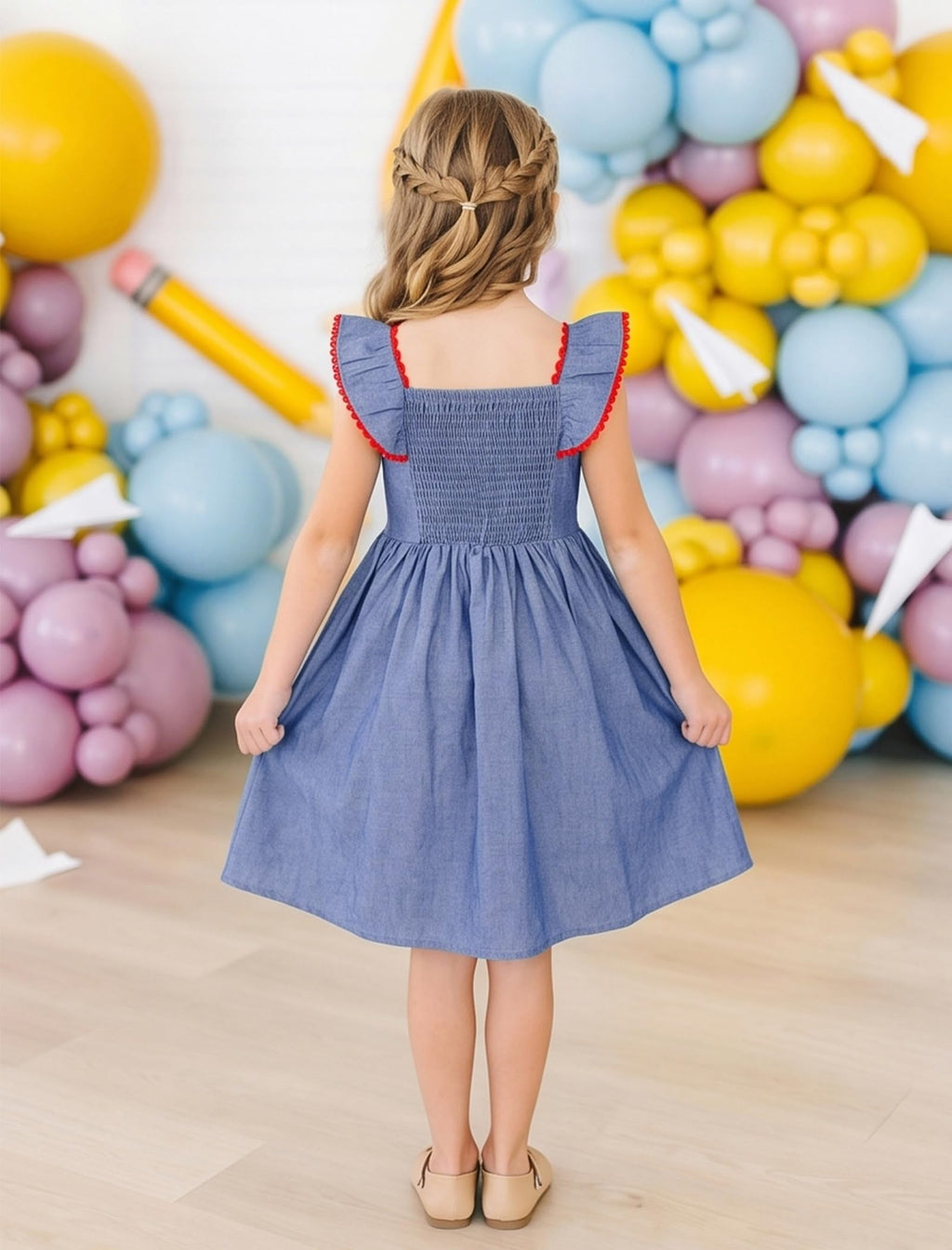 IMEKIS Toddler Kids Girls Back to School Dress Embroidered Apple Pencil Ruffle Sleeve Clothes 3-8T