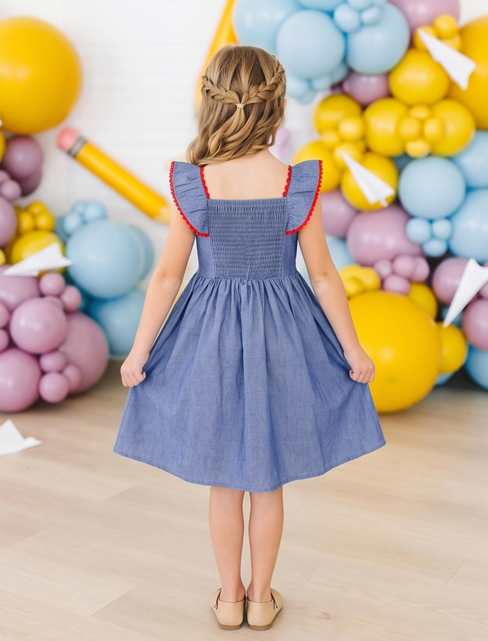 IMEKIS Toddler Kids Girls Back to School Dress Embroidered Apple Pencil Ruffle Sleeve Clothes 3-8T