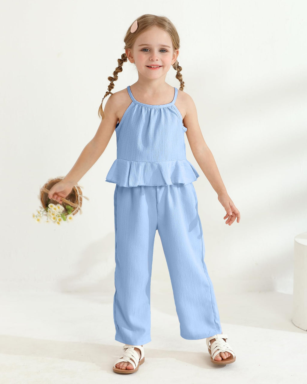 Kucnuzki Baby Girl Clothes Toddler Girl Summer Outfits Sleeveless Ruffle Halter Tops Wide Leg Pants Kids Clothing Set