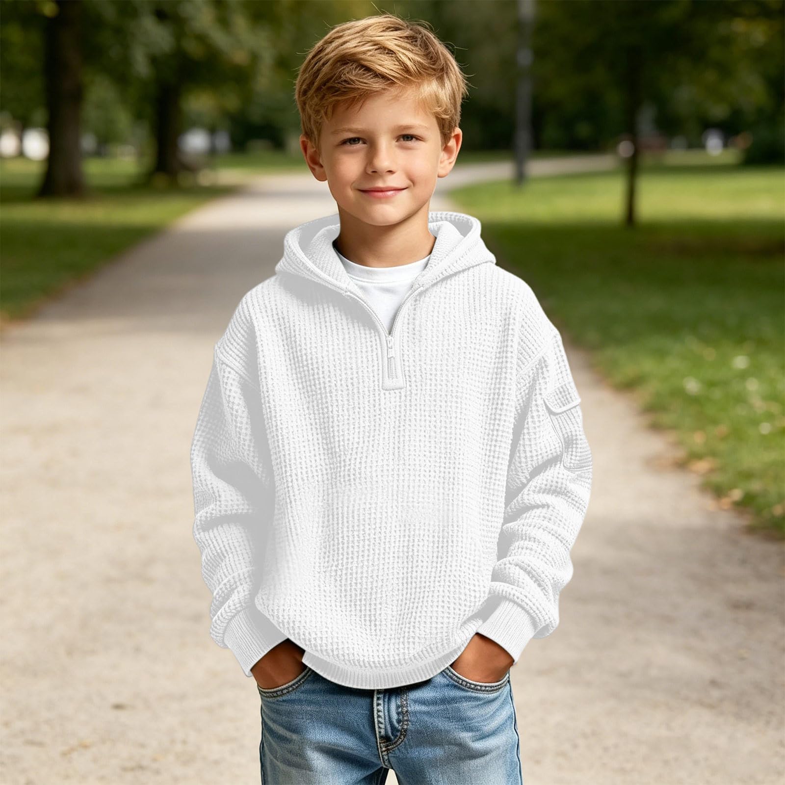 Hoodies for Boys Quarter Zip Waffle Knit Pullover Hooded Sweatshirt Tops | 3-14 Years,Kids Zip Long Sleeve Hoodie,Teen Boy Fashion Fall Winter Casual Sweatshirts,Back to School Clothes