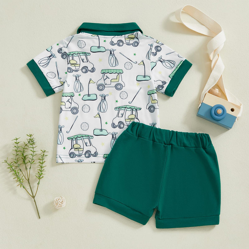 Chloefairy Toddler Baby Boy Golf Outfit Short Sleeve Golf Cart Polo T Shirts Top Shorts Set 2Pcs Golf Theme Summer Clothes