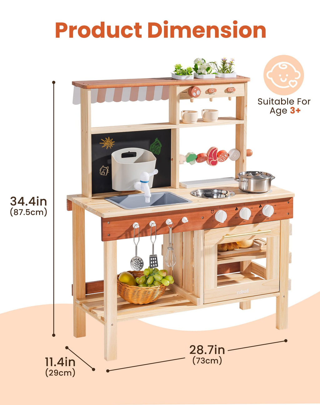ROBUD Mud Kitchen for Kids Outdoor, BBQ Grill Solid Wood Outdoor Play Kitchen, Green Kids Mud Kitchen with Working Water Tap, Blackboard, Garden Sink, Monteeori Toys for Children Ages 3+, WH003-2