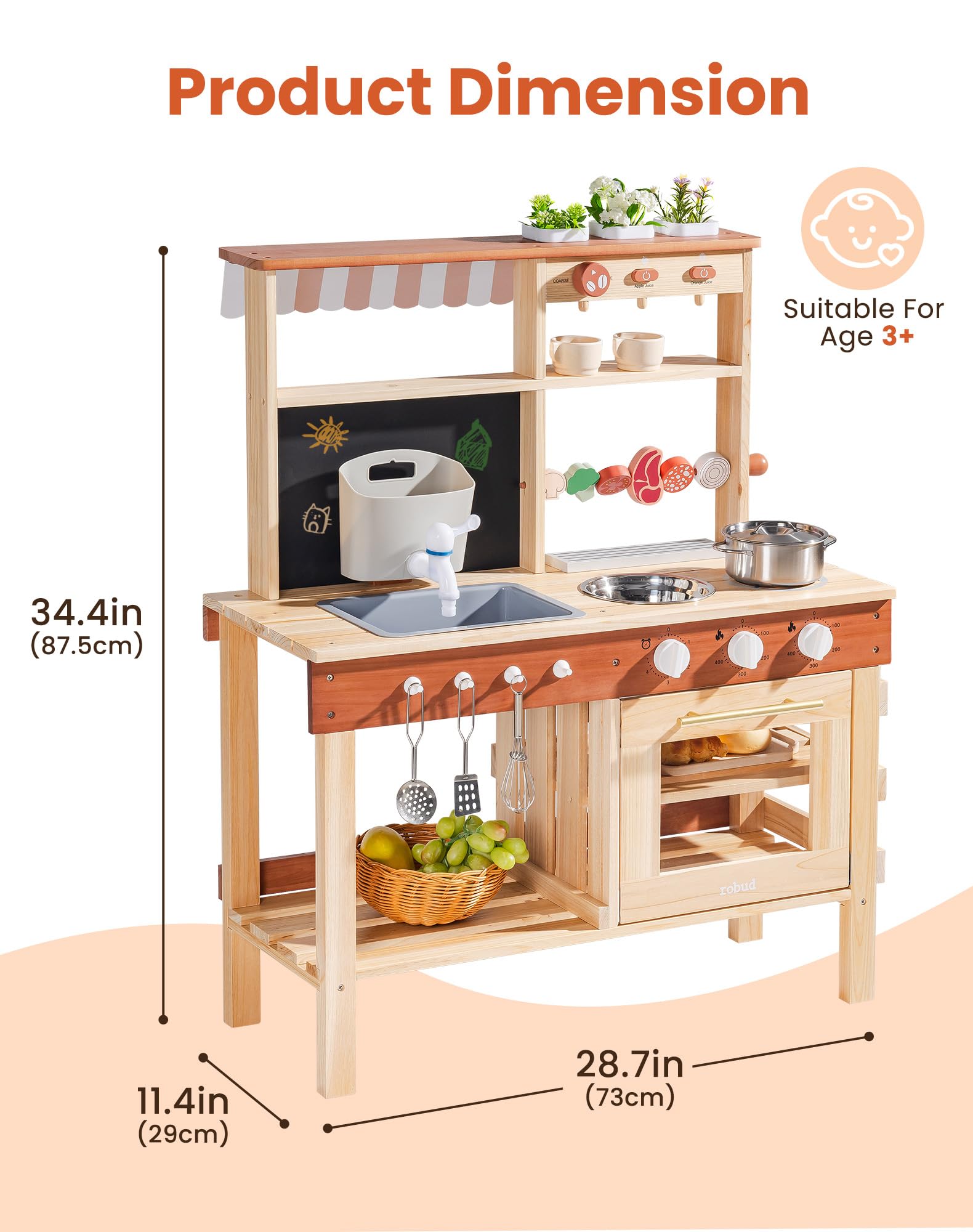 ROBUD Mud Kitchen for Kids Outdoor, BBQ Grill Solid Wood Outdoor Play Kitchen, Green Kids Mud Kitchen with Working Water Tap, Blackboard, Garden Sink, Monteeori Toys for Children Ages 3+, WH003-2