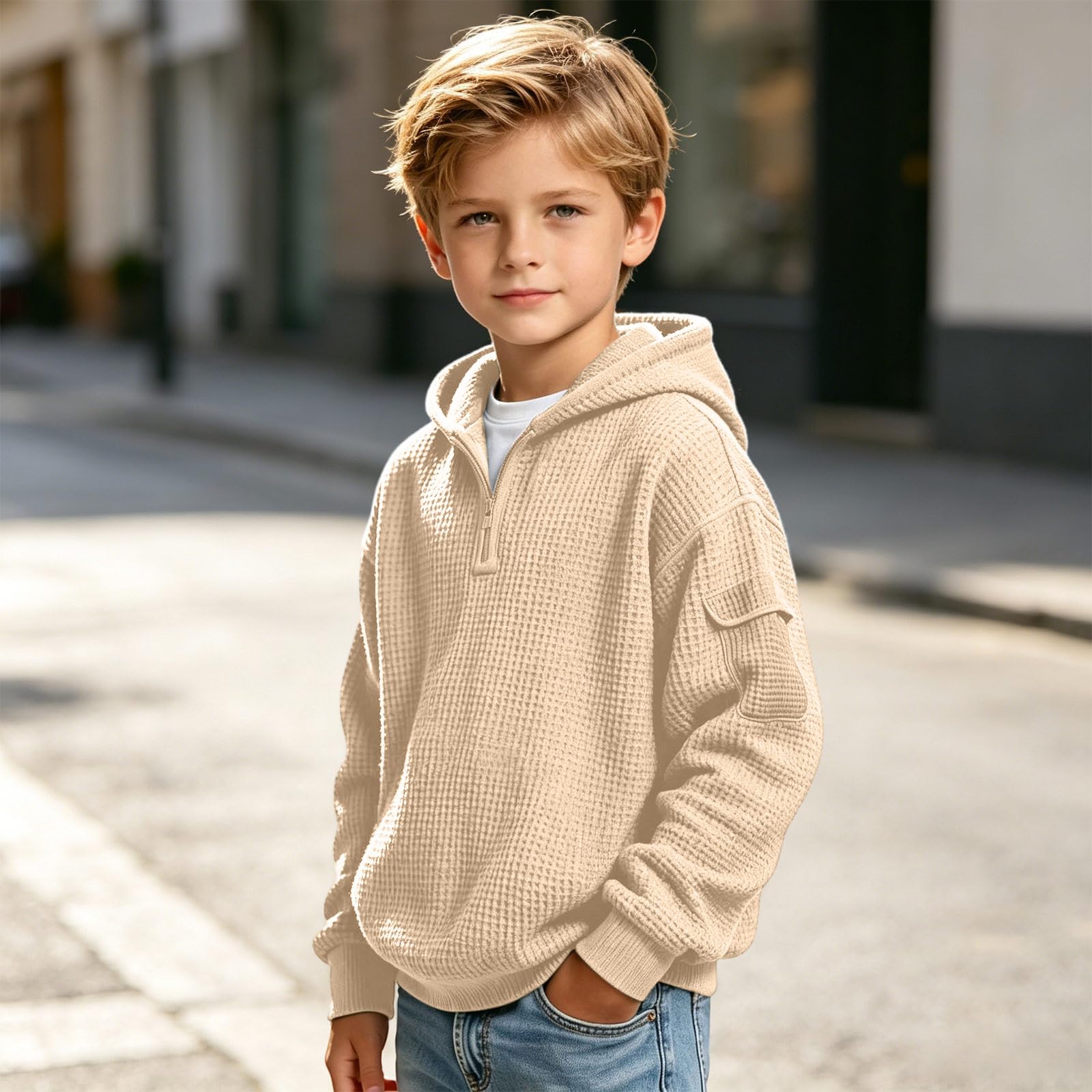 Hoodies for Boys Quarter Zip Waffle Knit Pullover Hooded Sweatshirt Tops | 3-14 Years,Kids Zip Long Sleeve Hoodie,Teen Boy Fashion Fall Winter Casual Sweatshirts,Back to School Clothes