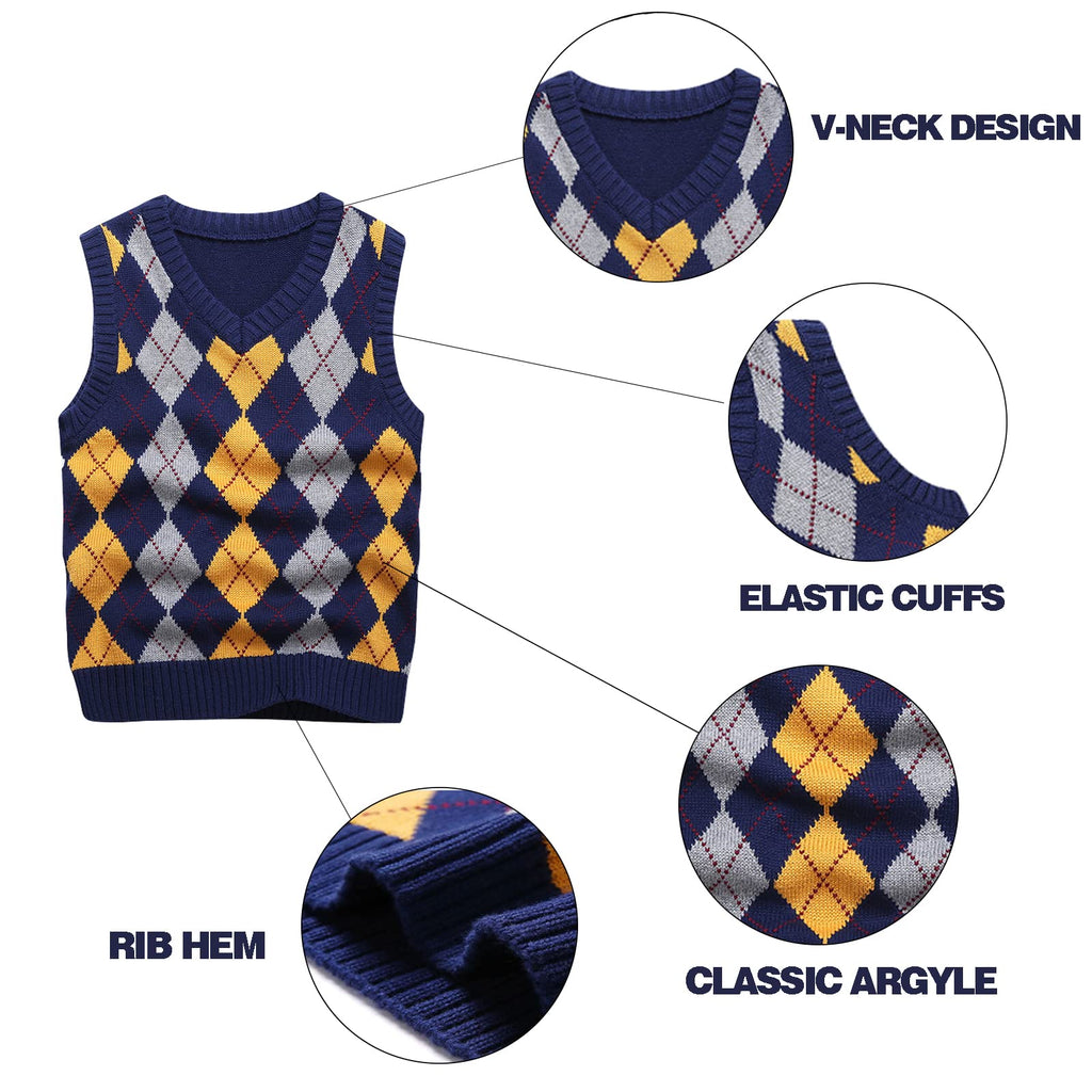 Boys Sweater Vest V Neck Argyle Sleeveless Uniform Knit Plaid Kids Clothes