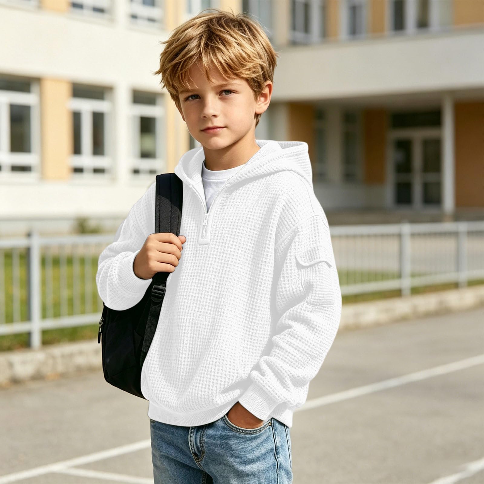 Hoodies for Boys Quarter Zip Waffle Knit Pullover Hooded Sweatshirt Tops | 3-14 Years,Kids Zip Long Sleeve Hoodie,Teen Boy Fashion Fall Winter Casual Sweatshirts,Back to School Clothes