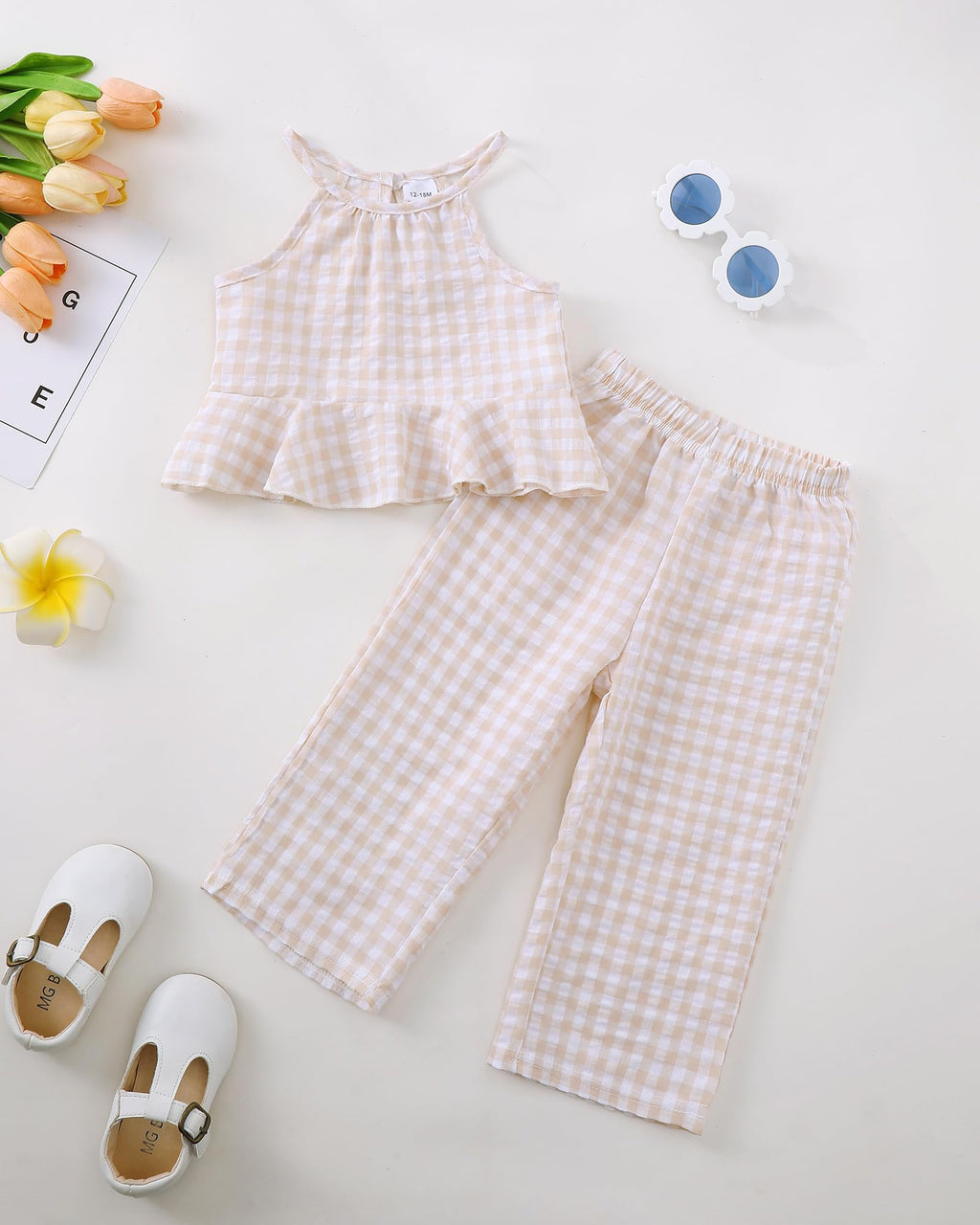 Kucnuzki Baby Girl Clothes Toddler Girl Summer Outfits Sleeveless Ruffle Halter Tops Wide Leg Pants Kids Clothing Set