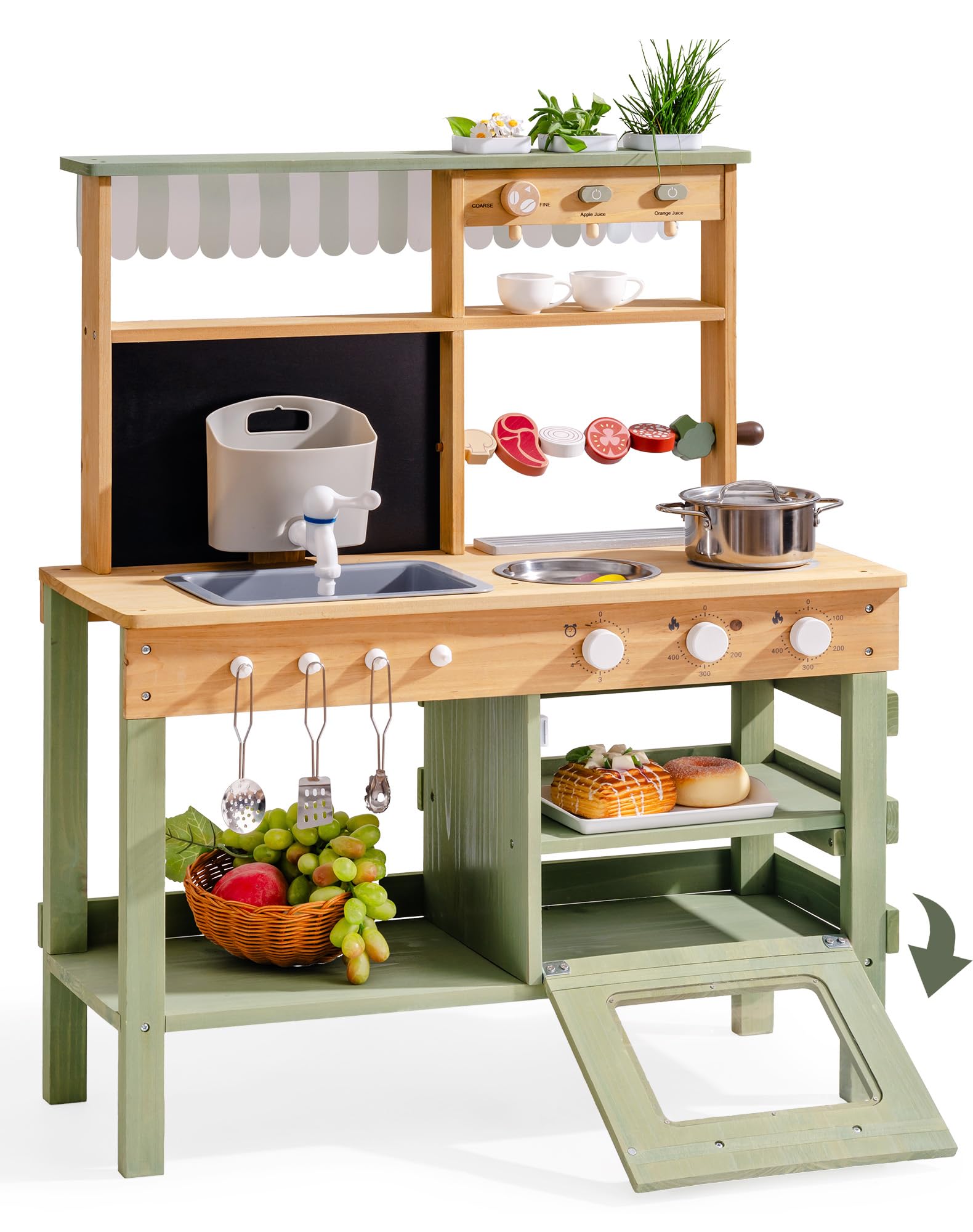 ROBUD Mud Kitchen for Kids Outdoor, BBQ Grill Solid Wood Outdoor Play Kitchen, Green Kids Mud Kitchen with Working Water Tap, Blackboard, Garden Sink, Monteeori Toys for Children Ages 3+, WH003-2