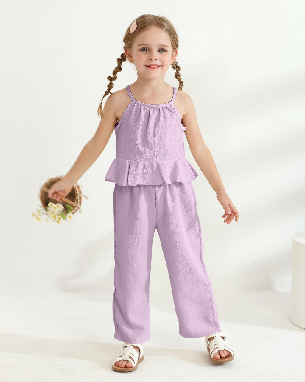 Kucnuzki Baby Girl Clothes Toddler Girl Summer Outfits Sleeveless Ruffle Halter Tops Wide Leg Pants Kids Clothing Set