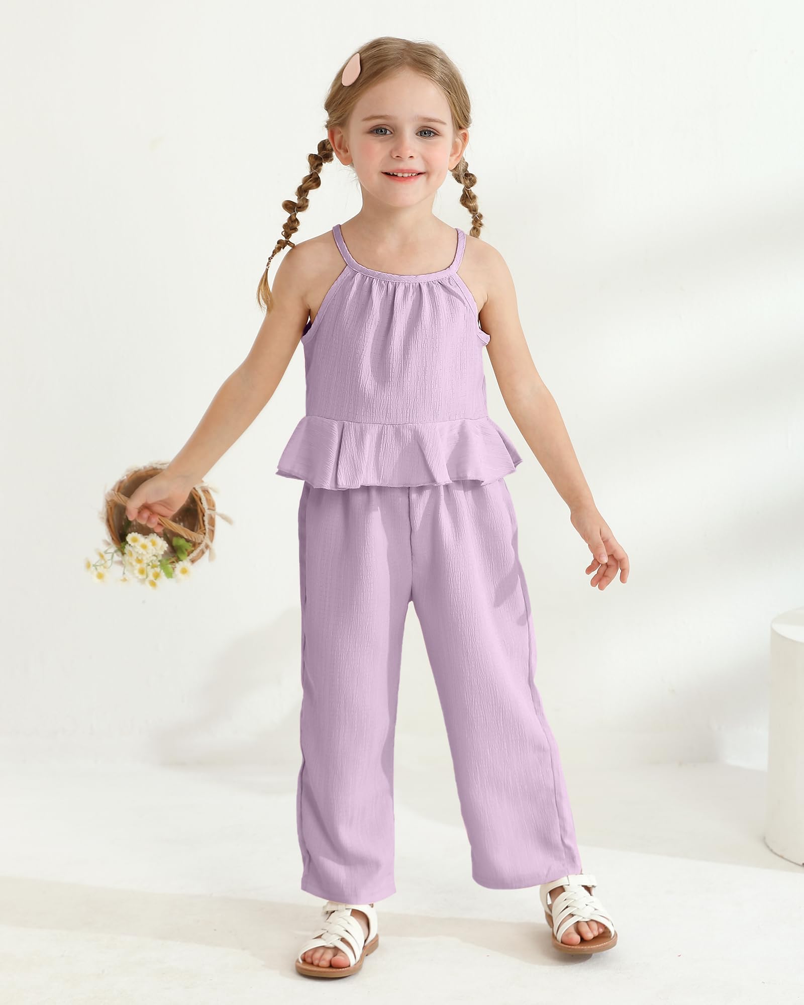 Kucnuzki Baby Girl Clothes Toddler Girl Summer Outfits Sleeveless Ruffle Halter Tops Wide Leg Pants Kids Clothing Set