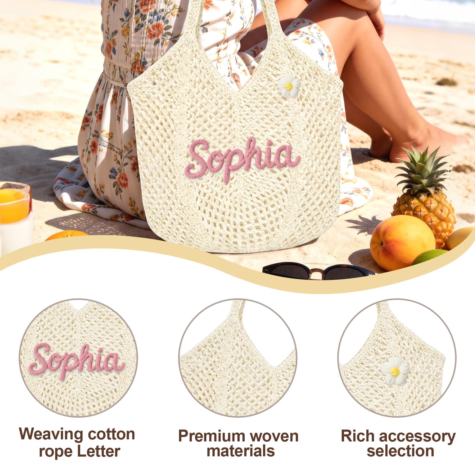 Terwex Personalized Crochet Beach Bag for Women, Boho Summer Bag with Name & Pattern, Foldable Lightweight Travel Bag Gifts