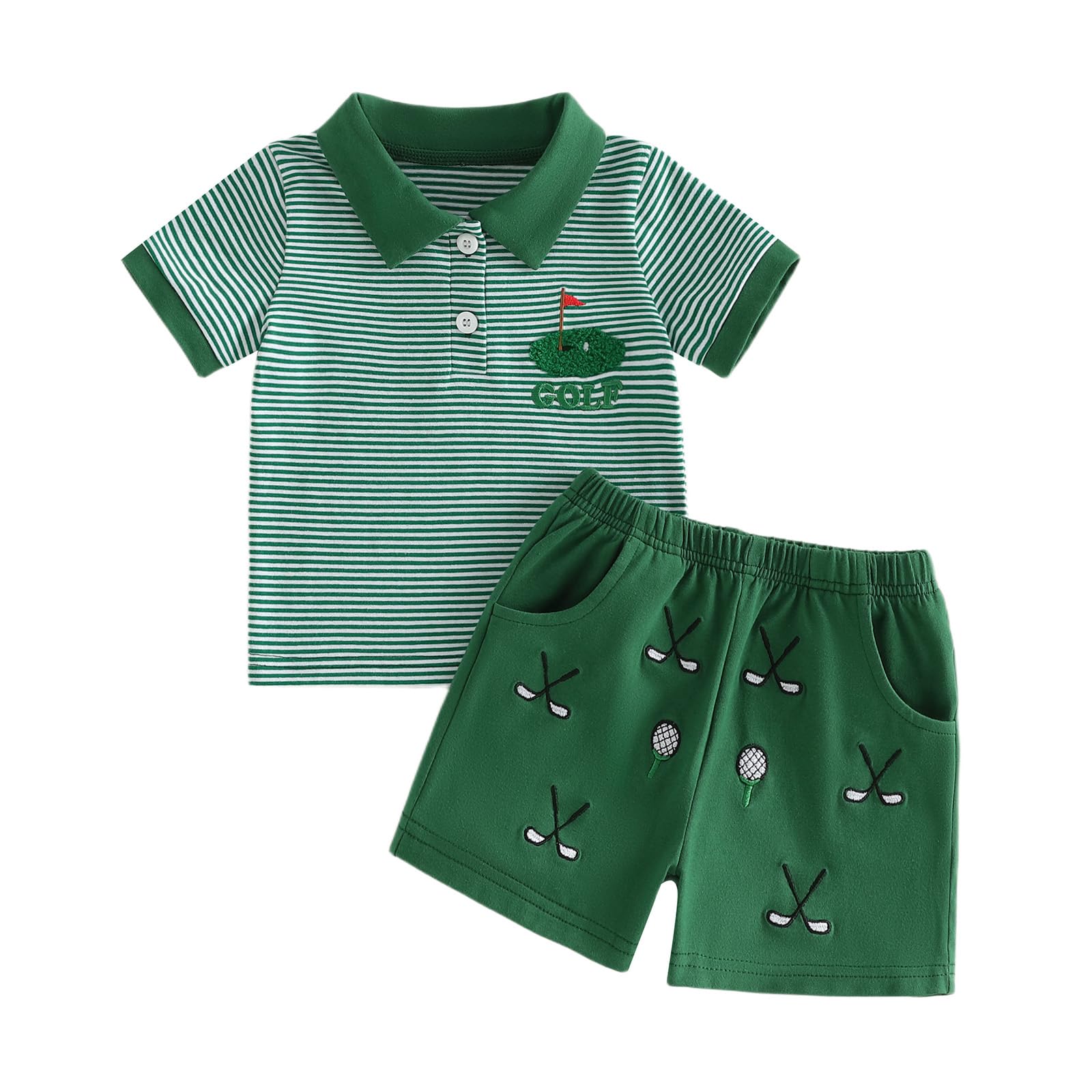 Chloefairy Toddler Baby Boy Golf Outfit Short Sleeve Golf Cart Polo T Shirts Top Shorts Set 2Pcs Golf Theme Summer Clothes