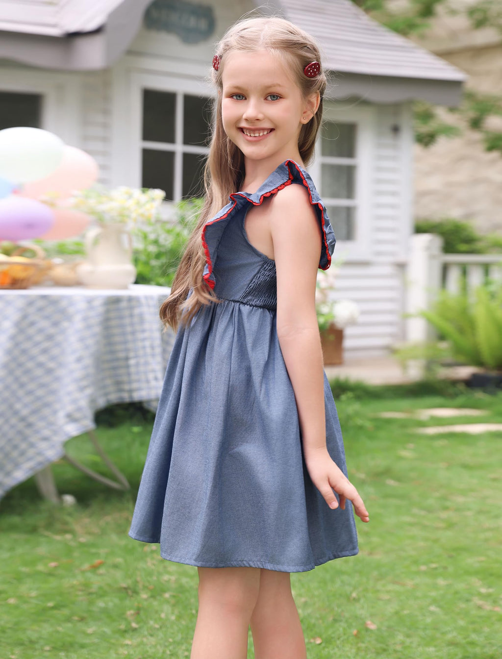 IMEKIS Toddler Kids Girls Back to School Dress Embroidered Apple Pencil Ruffle Sleeve Clothes 3-8T