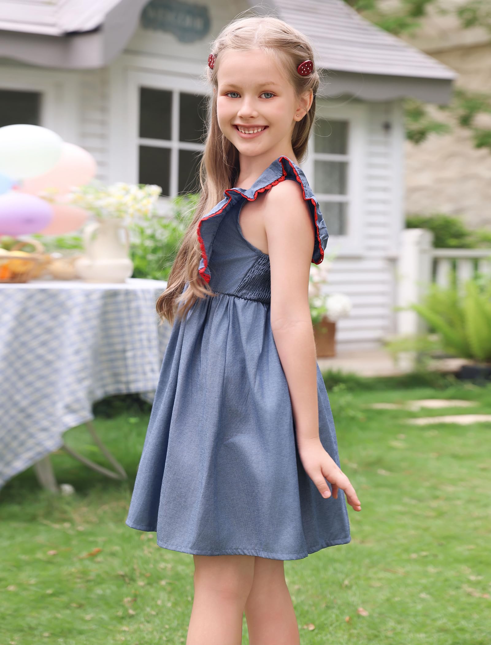 IMEKIS Toddler Kids Girls Back to School Dress Embroidered Apple Pencil Ruffle Sleeve Clothes 3-8T
