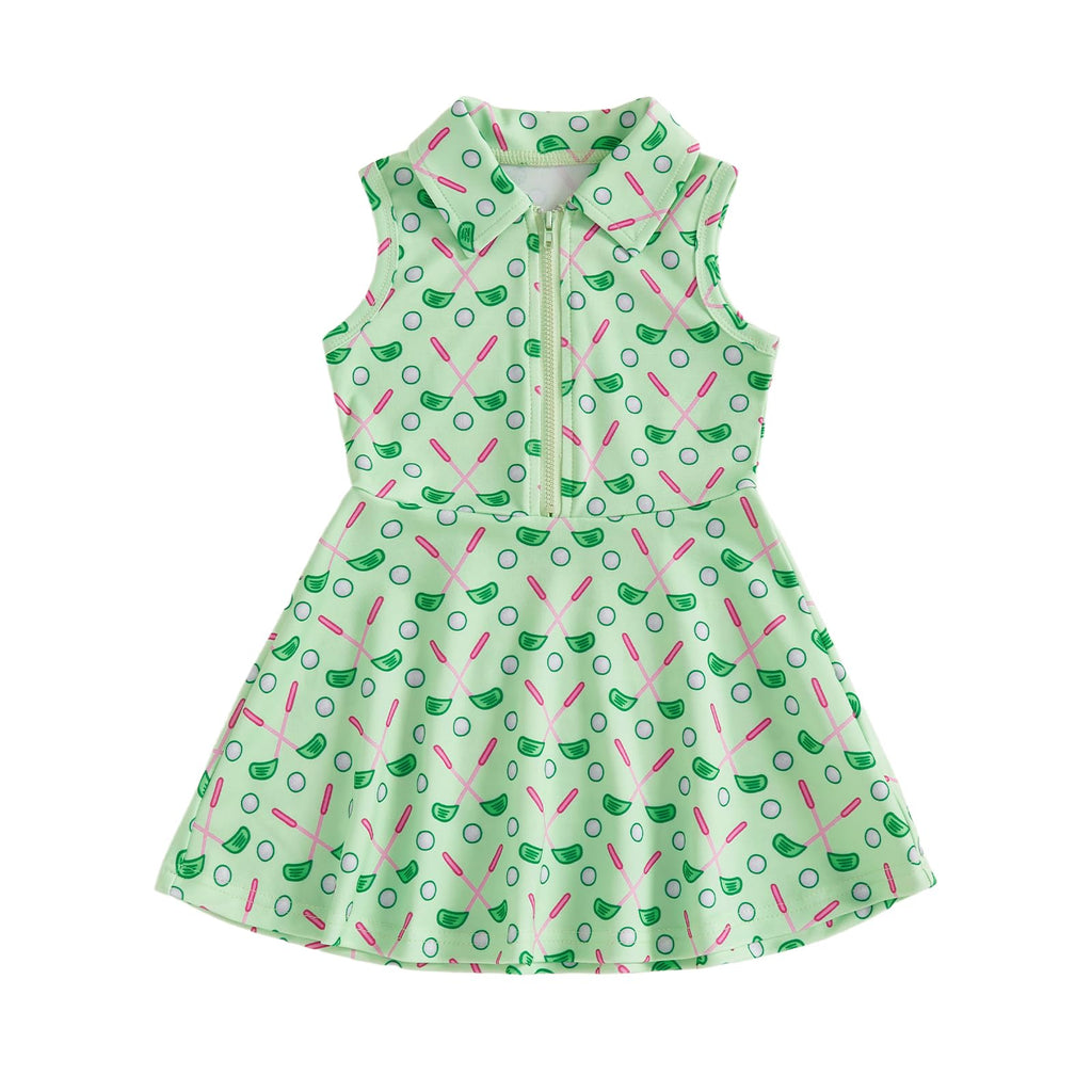 Toddler Baby Girl Dress Kids Polo Tank Dresses Golf Cart Outfit Zipper Ruffle Sleeveless A-line Dress Summer Clothes