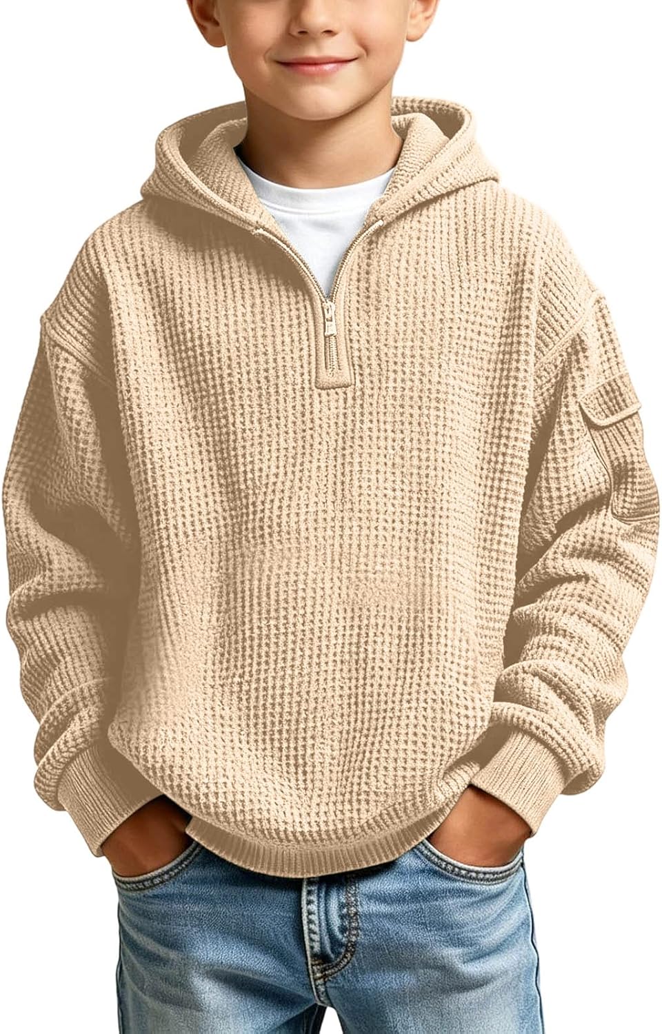 Hoodies for Boys Quarter Zip Waffle Knit Pullover Hooded Sweatshirt Tops | 3-14 Years,Kids Zip Long Sleeve Hoodie,Teen Boy Fashion Fall Winter Casual Sweatshirts,Back to School Clothes