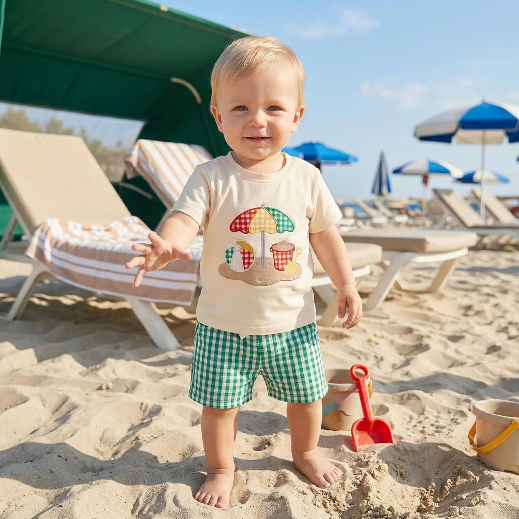 Bagilaanoe Toddler Baby Boy Short Sleeve T-Shirt+ Plaid Shorts Set Castle Embroidery Outfit Beach Clothes 2PCS Set