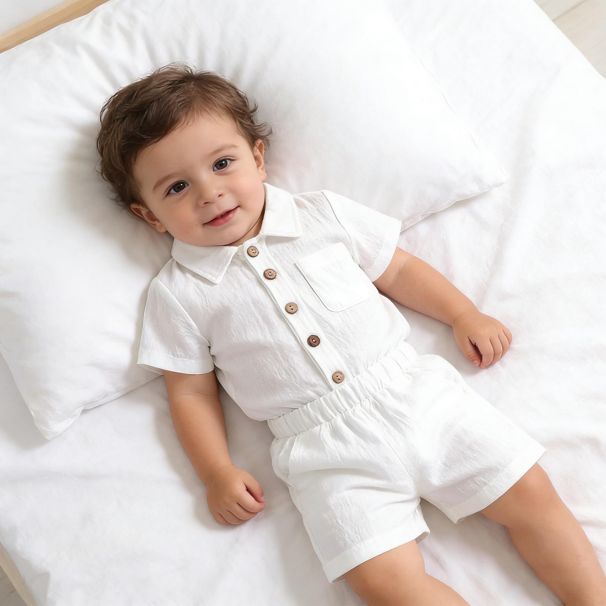 Toddler Boys Girls 2Pcs Linen Clothes Set Button Down Short Sleeve Polo Shirt+Elastic Gauze Shorts Summer Outfit